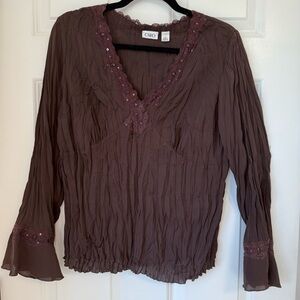 Y2K Flare Bell Sleeve Brown Beaded Goth Witchy Top Sz L Cato 00’s Euro Boho Lace